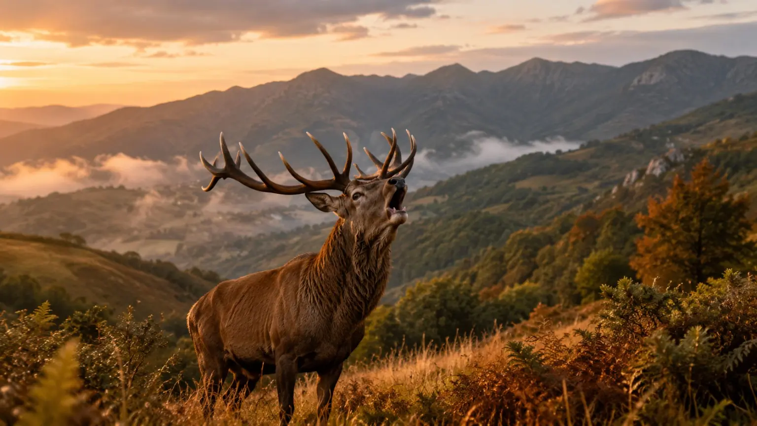 Rothirsch während der Brunft in einer Berglandschaft bei Sonnenuntergang